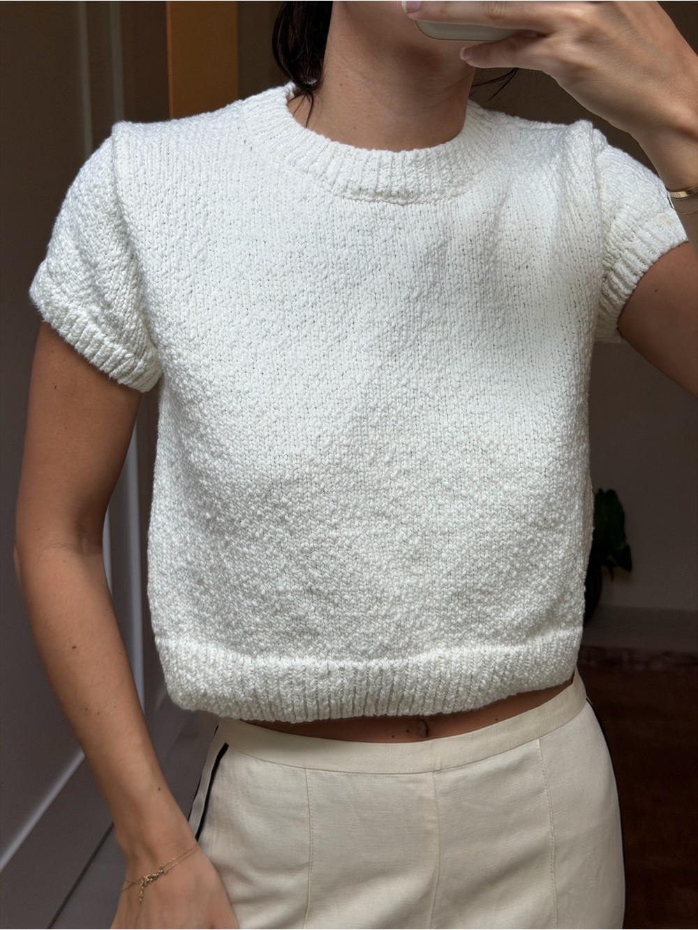 English Factory Cream Short-Sleeve Knit Crop Top